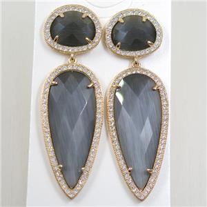copper earring studs paved zircon with gray crystal glass, gold plated, approx 18-55mm [FDZN5839]