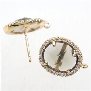 copper earring studs paved zircon with smoky crystal glass, gold plated, approx 15-17mm [FDZN5849]