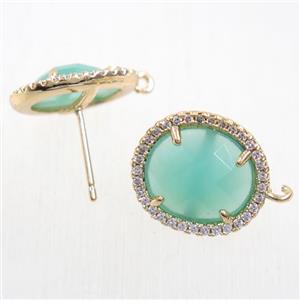copper earring studs paved zircon with lt.green crystal glass, gold plated, approx 15-17mm [FDZN5850]