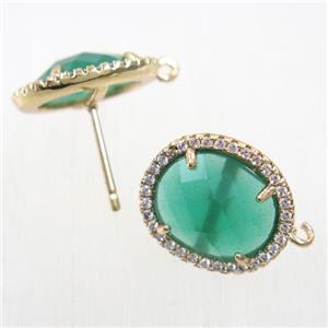 copper earring studs paved zircon with green crystal glass, gold plated, approx 15-17mm [FDZN5851]