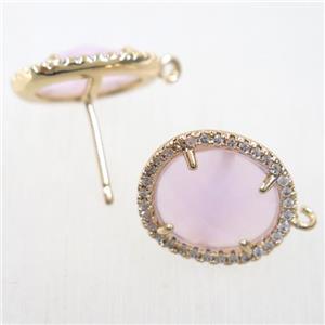copper earring studs paved zircon with pink crystal glass, gold plated, approx 15-17mm [FDZN5852]