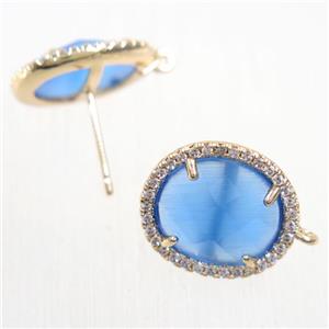 copper earring studs paved zircon with blue crystal glass, gold plated, approx 15-17mm [FDZN5854]