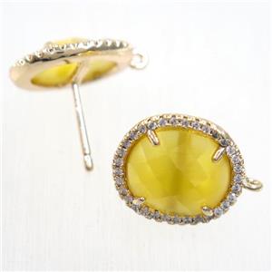 copper earring studs paved zircon with yellow crystal glass, gold plated, approx 15-17mm [FDZN5855]