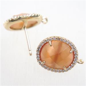 copper earring studs paved zircon with orange crystal glass, gold plated, approx 15-17mm [FDZN5856]