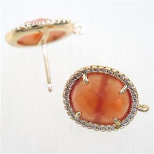 copper earring studs paved zircon with orange crystal glass, gold plated, approx 15-17mm [FDZN5857]