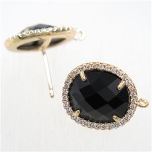 copper earring studs paved zircon with black crystal glass, gold plated, approx 15-17mm [FDZN5858]