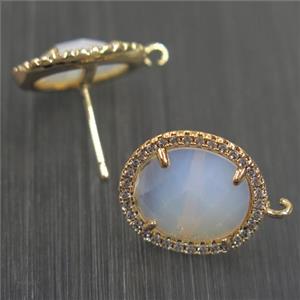 copper earring studs paved zircon with with opalite crystal glass, gold plated, approx 15-17mm [FDZN5860]
