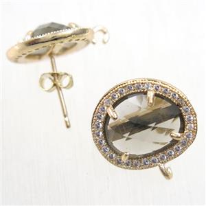 copper earring studs paved zircon with smoky crystal glass, gold plated, approx 15-17mm [FDZN5861]