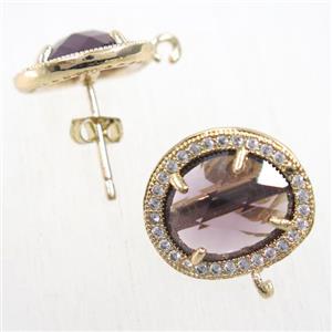 copper earring studs paved zircon with lt.purple crystal glass, gold plated, approx 15-17mm [FDZN5862]