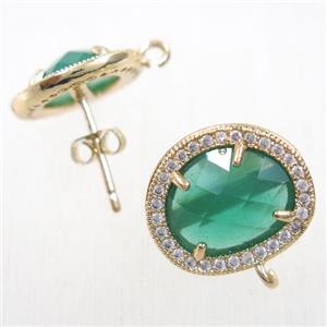 copper earring studs paved zircon with green crystal glass, gold plated, approx 15-17mm [FDZN5863]