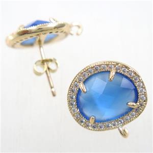 copper earring studs paved zircon with blue crystal glass, gold plated, approx 15-17mm [FDZN5864]