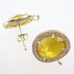 copper earring studs paved zircon with yellow crystal glass, gold plated, approx 15-17mm [FDZN5866]