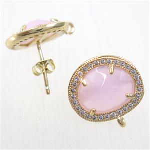 copper earring studs paved zircon with pink crystal glass, gold plated, approx 15-17mm [FDZN5867]