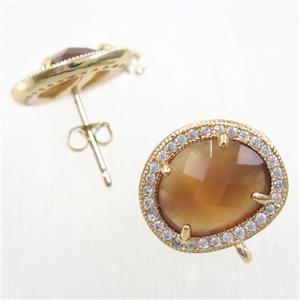 copper earring studs paved zircon with coffee crystal glass, gold plated, approx 15-17mm [FDZN5868]