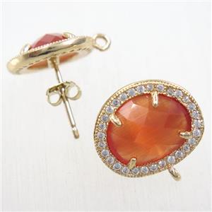 copper earring studs paved zircon with orange crystal glass, gold plated, approx 15-17mm [FDZN5869]