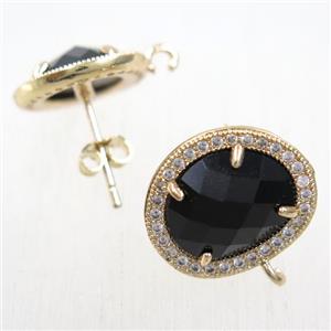 copper earring studs paved zircon with black crystal glass, gold plated, approx 15-17mm [FDZN5870]
