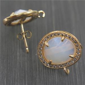 copper earring studs paved zircon with white opalite crystal glass, gold plated, approx 15-17mm [FDZN5872]