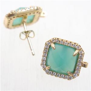 copper square earring studs paved zircon with green crystal glass, gold plated, approx 13x13mm [FDZN5873]