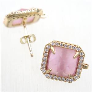 copper square earring studs paved zircon with pink crystal glass, gold plated, approx 13x13mm [FDZN5874]