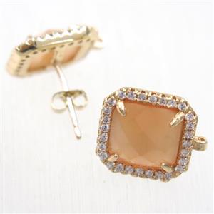 copper square earring studs paved zircon with crystal glass, gold plated, approx 13x13mm [FDZN5875]