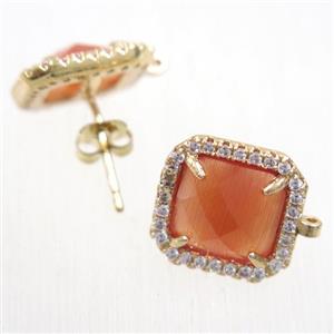 copper square earring studs paved zircon with orange crystal glass, gold plated, approx 13x13mm [FDZN5876]