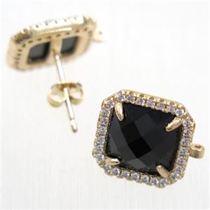 copper square earring studs paved zircon with black crystal glass, gold plated, approx 13x13mm [FDZN5877]