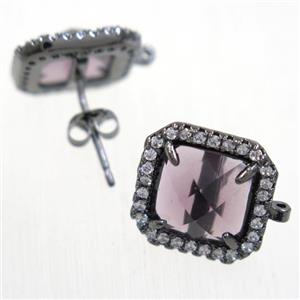 copper square earring studs paved zircon with purple crystal glass, black plated, approx 13x13mm [FDZN5878]