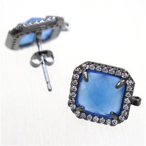 copper square earring studs paved zircon with blue crystal glass, black plated, approx 13x13mm [FDZN5879]
