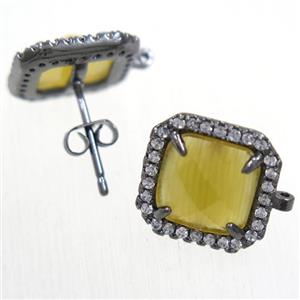 copper square earring studs paved zircon with yellow crystal glass, black plated, approx 13x13mm [FDZN5880]