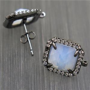 copper square earring studs paved zircon with white opalite crystal glass, black plated, approx 13x13mm [FDZN5881]