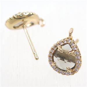 copper teardrop earring studs paved zircon with clear crystal glass, gold plated, approx 10-12mm [FDZN5882]