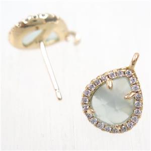 copper teardrop earring studs paved zircon with lt.blue crystal glass, gold plated, approx 10-12mm [FDZN5883]
