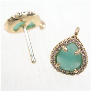copper teardrop earring studs paved zircon with green crystal glass, gold plated, approx 10-12mm [FDZN5884]