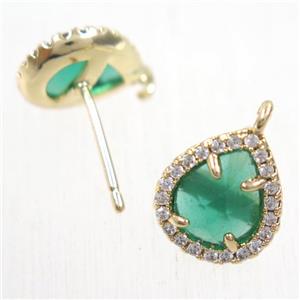 copper teardrop earring studs paved zircon with green crystal glass, gold plated, approx 10-12mm [FDZN5885]