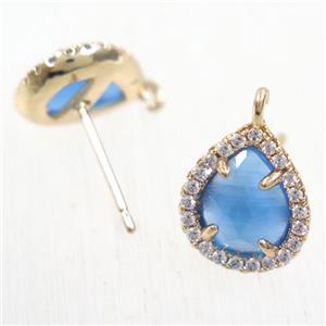 copper teardrop earring studs paved zircon with blue crystal glass, gold plated, approx 10-12mm [FDZN5886]