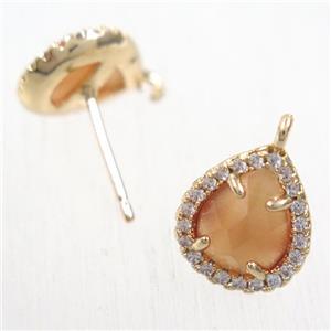 copper teardrop earring studs paved zircon with orange crystal glass, gold plated, approx 10-12mm [FDZN5887]
