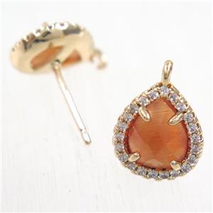 copper teardrop earring studs paved zircon with orange crystal glass, gold plated, approx 10-12mm [FDZN5888]