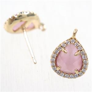 copper teardrop earring studs paved zircon with pink crystal glass, gold plated, approx 10-12mm [FDZN5889]