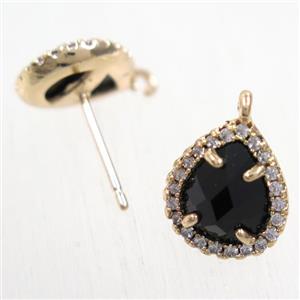 copper teardrop earring studs paved zircon with black crystal glass, gold plated, approx 10-12mm [FDZN5891]