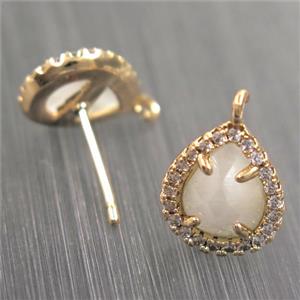 copper teardrop earring studs paved zircon with white crystal glass, gold plated, approx 10-12mm [FDZN5892]