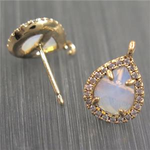copper teardrop earring studs paved zircon with white opalite crystal glass, gold plated, approx 10-12mm [FDZN5893]