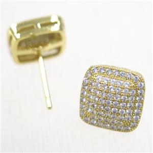 copper square earring studs paved zircon, gold plated, approx 11.5x11.5mm [FDZN5895]