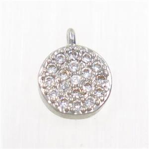copper button circle pendant paved zircon, platinum plated, approx 6mm dia [FDZN5897]