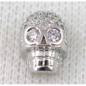 copper bead pave zircon, skull, platinum plated, approx 10x12mm [FDZN590]