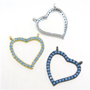 copper heart pendant paved zircon with 2loops, turq, mix color, approx 15mm [FDZN5938]