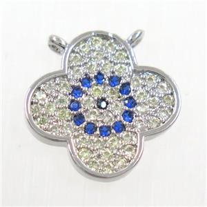 copper pendant paved zircon, four leaf Clover, platinum plated, approx 14mm dia [FDZN5948]