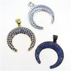 copper crescent moon pendant paved blue zircon, mix color, approx 20mm dia [FDZN5975]