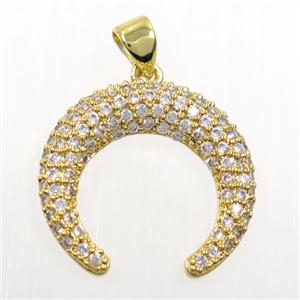 copper crescent moon pendant paved zircon, gold plated, approx 20mm dia [FDZN5978]