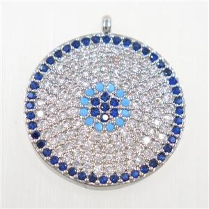 copper button circle pendant paved zircon, platinum plated, approx 20mm dia [FDZN5982]
