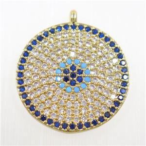 copper button circle pendant paved zircon, gold plated, approx 20mm dia [FDZN5983]